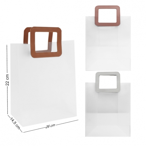 BOLSA SACOLA DE PLASTICO P/PRESENTE TRANSPARENTE C/ALCA QUADRADA BRANCA 23X13X7CM