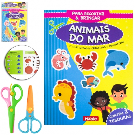 LIVRO PARA RECORTAR E BRINCAR ANIMAIS DO MAR COM ATIVIDADES CRIATIVAS E EDUCATIVAS + 2 TESOURAS 15 PAGINAS 27X20CM