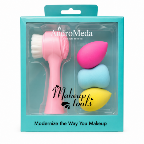 ESCOVA LIMPEZA FACIAL 2 EM 1 COM ESPONJA MASSAGEADORA SILICONE + 3 ESPONJAS PARA MAQUIAGEM GOTA MAKEUP TOOLS