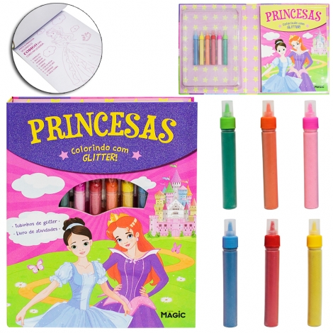 LIVRO ATIVIDADES PARA COLORIR PRINCESAS COM 6 TUBINHOS DE GLITTER