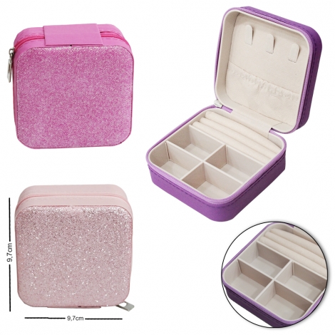 ESTOJO PORTA JOIAS DE PVC QUADRADO COM ROSA CLARO GLITTER 9,7X9,7X4,8CM