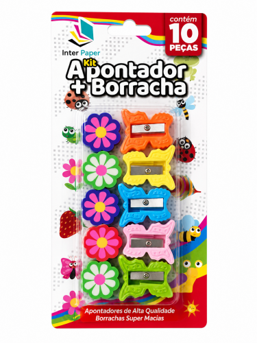 KIT ESCOLAR COM APONTADOR + BORRACHA FLORZINHA INTER PAPER - 10 PEÇAS