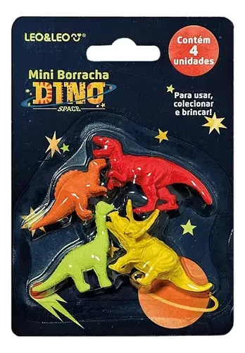 MINI BORRACHA ESCOLAR DINO SPACE COM 4 PECAS