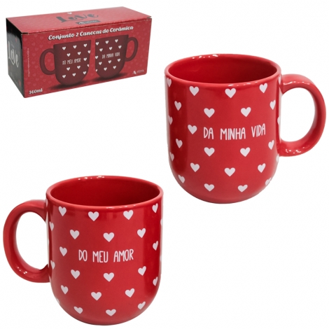 JOGO DE CANECA DE PORCELANA COLECAO LOVE VERMELHA COM 2 PECAS 220ML